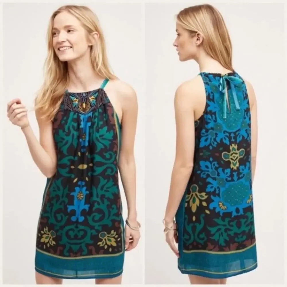 NEW ANTHROPOLOGIE Teal Black Floral Beaded Halter Mini $198 Tank Top Dress XL - Picture 13 of 13